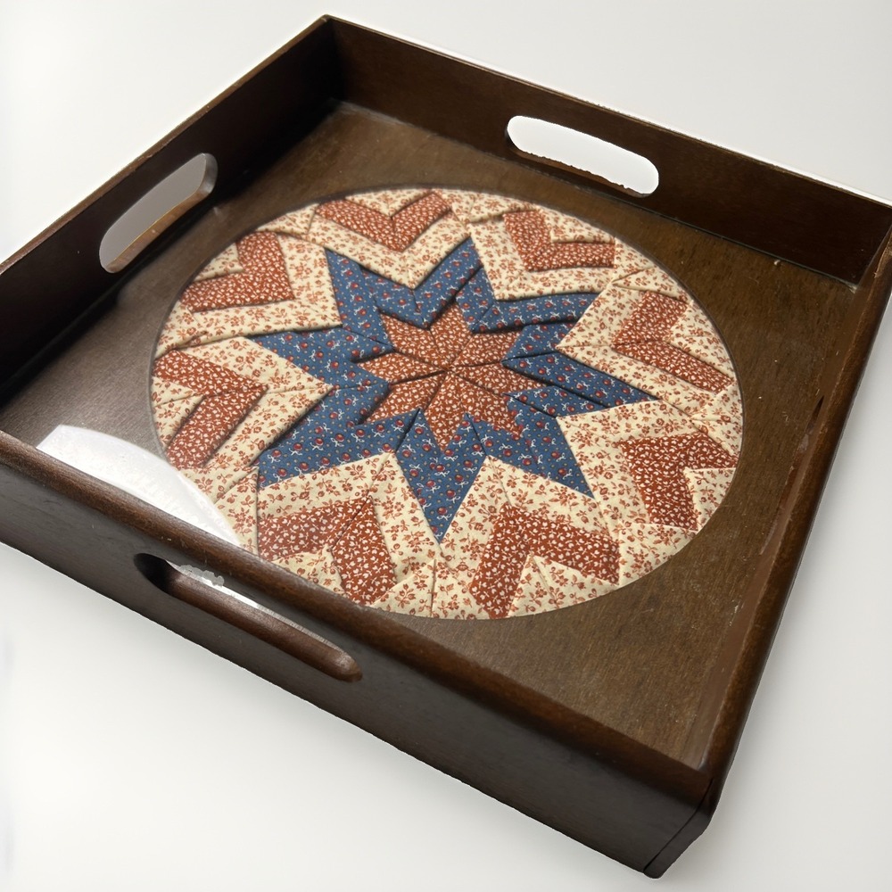 Wooden Tray with Handmade Quilted Folded Star Under Glass Blue Red Cottage